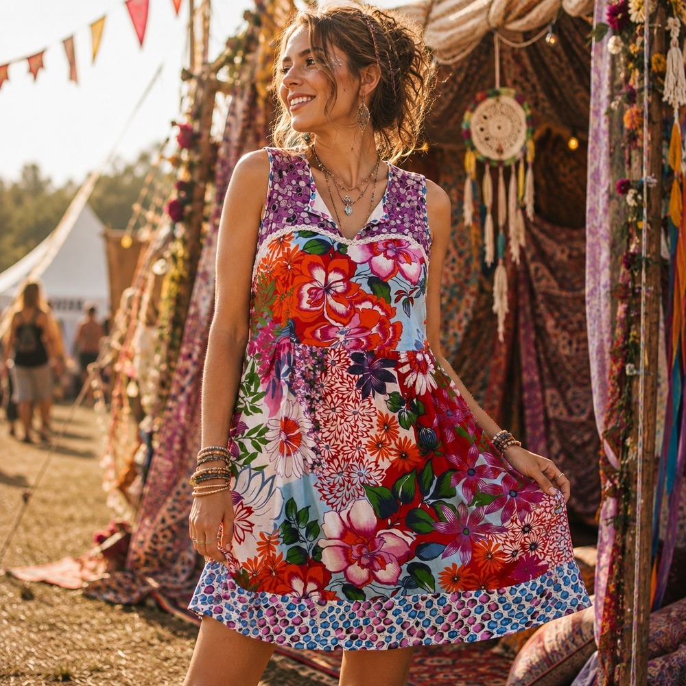 New Floral Patchwork‎ Cotton Mini Dress Size L Cottage Boho Colorful Festival